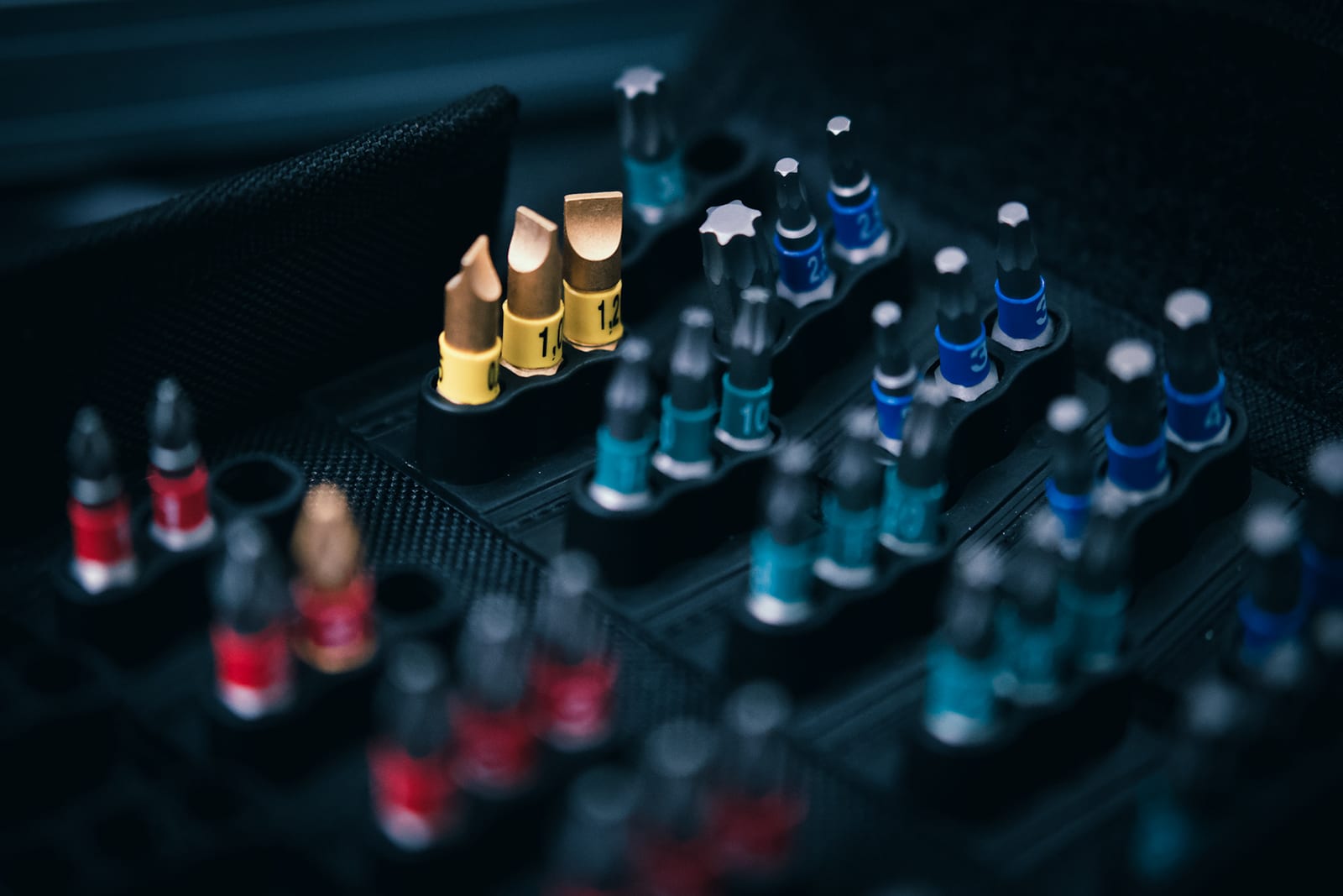 close-up on toolset with colorful bits