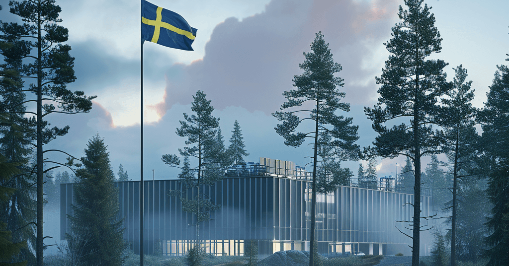 A data center in a pine forest and a flagpole with the Swedish flag