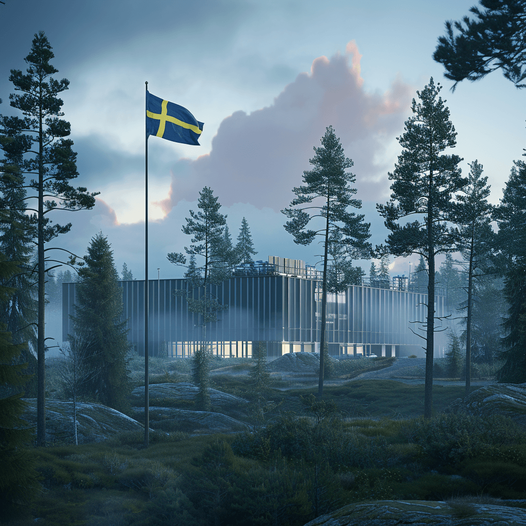 Ett datacenter i tallskog med en flaggstång med svenska flaggan 