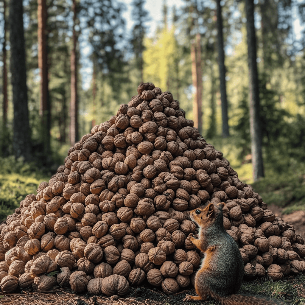 A sqirrel and a pile of nuts